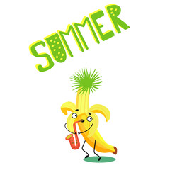 Vector illustration character, cartoon cheerful avocado peeled banana plays the saxophone. Lettering "Summer". Summer mood, funny fruits, organic. Children's concept.