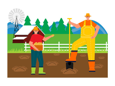 Farmers starting to plant vegetable seeds. The male farmer shovels the soil while his son plants the seeds. Farm vector illustration.	