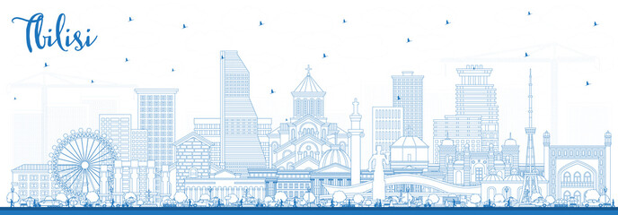 Outline Tbilisi Georgia City Skyline with Blue Buildings.
