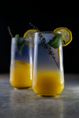 Bright refreshing cocktail. Pink lemonade with blue ice cubes. Galaxy lemonade. High quality photo