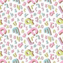 Seamless pattern with Armenian alphabet letters in trendy pastel colors.  For the decoration of a children's school room, wallpaper, packaging, design, decor.