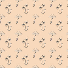 Seamless pattern with mushrooms, hand drawn in sketch style. Mushrooms endless ornament.