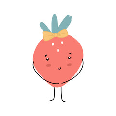 Child card with funny pink strawberry with bow in cartoon style for print, sticker