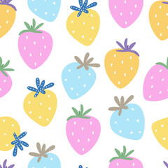 Seamless pattern with colorful strawberries on white background in cartoon style for fabric, textile, nursery wallpaper