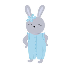 Child cute bunny in blue jumpsuit, vector illustration in cartoon style for design, sticker, print, invitation, postcard
