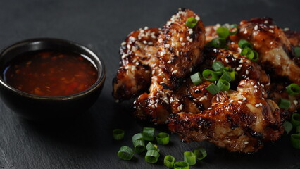 Grilled chicken wings with sauce garnished with green onions on slate board over black stone background.