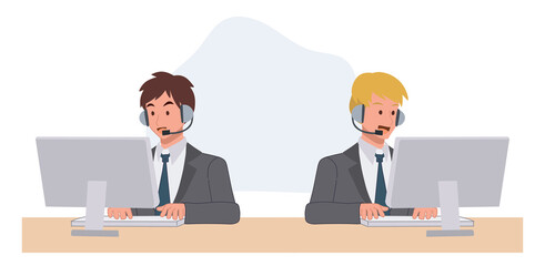 Customer service, call center, hotline.Online technical support.telemarketing agents. flat vector cartoon illustration.