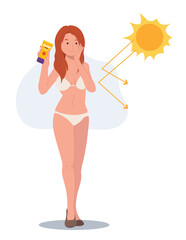 Skin care concept,sun protection.Happy woman in bikini using sunblock avoid from sunburn damage.