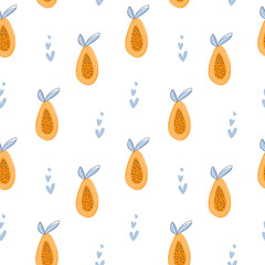 Summer seamless pattern with papaya and heart on white background 