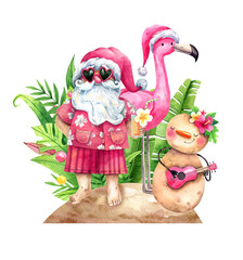 Santa Claus, Pink wlamingo and sand snowman on a tropical island watercolor illustration. New Year, Christmas beach party.