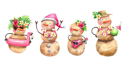 Sandy, tropical snowmen illustrations set. Cute, cartoon snowmen in tropical garlands, with ukulele and cocktails watercolor illustration.