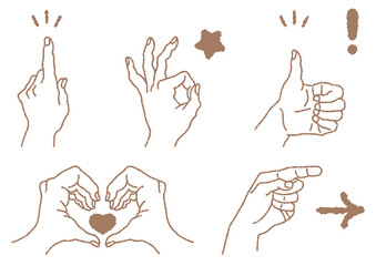 ハンドサインのシンプルな線画イラスト【カラー・セット】