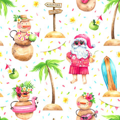 Tropical party seamless pattern with sand snowmen, Santa Claus, palm trees and surf. Unusual Christmas, New Year on the beach holiday background.