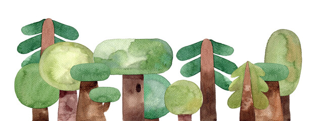 Cartoon forest landscape with trees, bushes and firs on a white background. Watercolor, forest trees.
