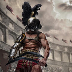 Portrait of fearless gladiator with muscular build holding two swords in ancient arena.