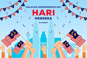 malaysia independence day 31 august background illustration with hands holding malaysian flags