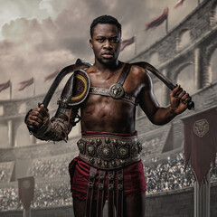Fototapeta na wymiar Shot of glorious arena fighter of african descent with naked torso holding two swords.
