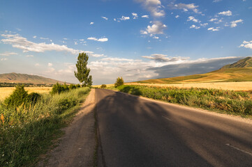 Road in a mountain valley on a sunny day.