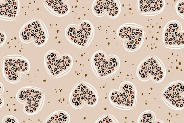 Heart signs seamless pattern and stylized leopard pattern inside the heart. Pink concept background Love, beauty, fashion. Line drawing and spots of animal skin. © Liubov