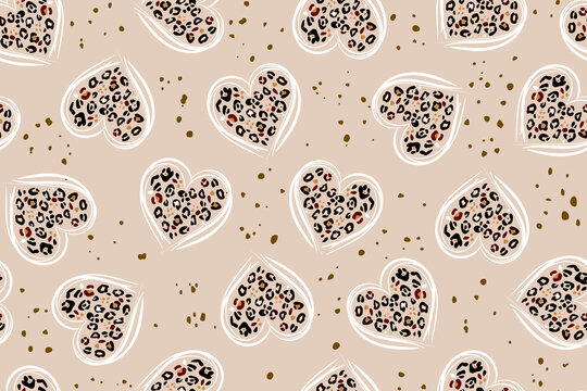 Heart signs seamless pattern and stylized leopard pattern inside the heart. Pink concept background Love, beauty, fashion. Line drawing and spots of animal skin.