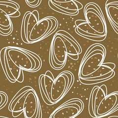 Seamless pattern of hearts drawn with white lines. Brown background and splashes.