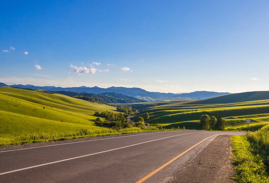 Summer foothill landscape. Green meadow and blue sky with clouds. Altai.
