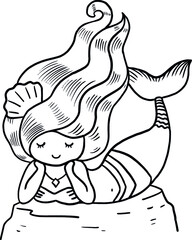 Mermaid coloring book page for kids line art vector blank printable design for children to fill in