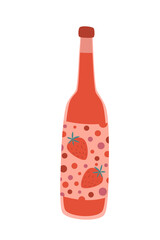 Bottle of Strawberry Wine or Limonade Isolated on White Background. Flat Vector Cartoon Illustration, Clipart.