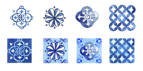 Watercolor Decorative Mediterranean patterns in monochrome blue. Ready to assemble tiles, patterns, decorations, design, borders, graphic design. Indigo, cobalt. Patterns are isolated, in sqaure tile