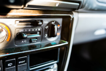 Fototapeta premium Heating cooling system on old japanese 4wd car close up shot, space for text.