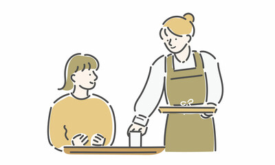 カフェ店員　スタッフ 　お客さま　女性　イラスト
