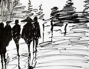 painting abstract city and silhouettes of people. Abstract artistic background. black and white