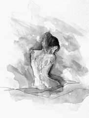Beautiful naked girl, silhouette, hand painted in watercolor on paper. Erotic watercolor illustration. Postcard design. Modern Art.   Color of the Year