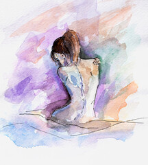 Beautiful naked girl, silhouette, hand painted in watercolor on paper. Erotic watercolor illustration. Postcard design. Modern Art.   Color of the Year