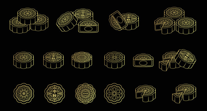 Mooncakes set for the mid-autumn festival in thin line style