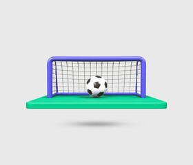 Football goal post 3d icon. Realistic soccer ball and goal bar icon. Football concept for world cup 2022. Green Football field with goal post. soccer goal, field and ball. 3d rendered illustration.