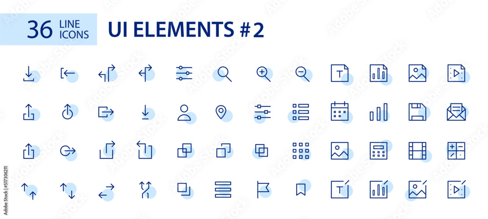 Poster simple line art ui elements icons set. arrows, file type, layout, magnifying glass etc. pixel perfec
