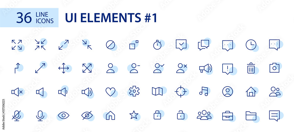 Poster simple line art ui elements icons set. arrows, file type, clock, messages etc. pixel perfect, editab