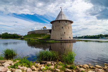 View of the Pskov Kremlin (Krom) and the confluence of the rivers Pskov and Velikaya, Pskov, Russia