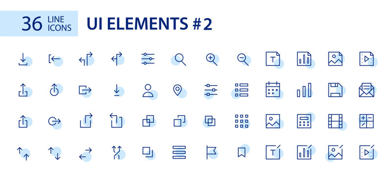 Simple line art UI elements icons set. Arrows, file type, layout, magnifying glass etc. Pixel perfect, editable stroke