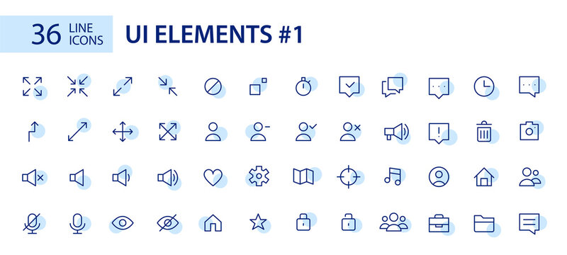 Simple line art UI elements icons set. Arrows, file type, clock, messages etc. Pixel perfect, editable stroke