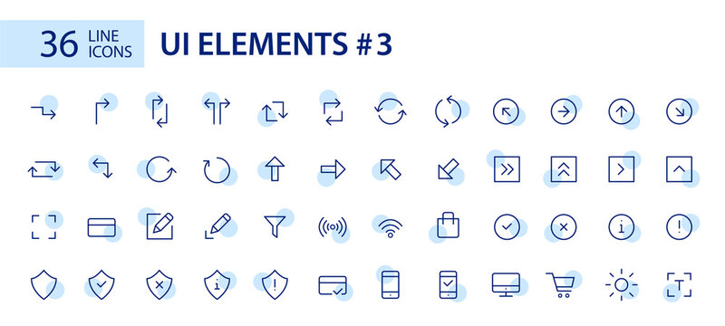 Simple line art UI elements icons set. Arrows, shopping, new file. Pixel perfect, editable stroke