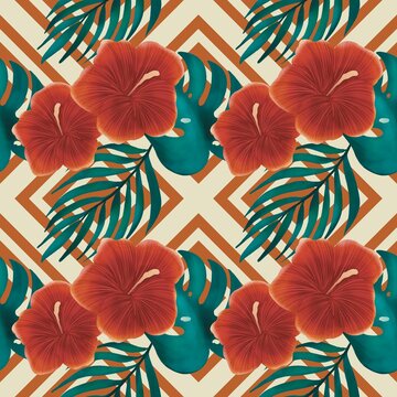 Seamless pattern colorful tropical flowers for textile, wallpaper, fabric design, wrapping paper, digital paper, cover, summer fashion, lsland fabric pattern, 