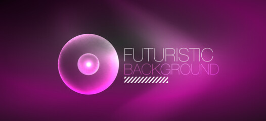 Shiny neon geometric abstract background. Glowing lights on round shapes, triangles and circles. Wallpaper for concept of AI technology, blockchain, communication, 5G, science, business