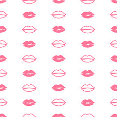 seamless pattern of pink prints of female lips on a white background. Background for design valentine's day