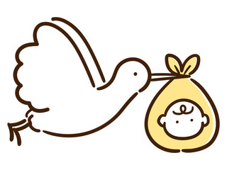 コウノトリが赤ちゃんを運んでいるかわいいデフォルメイラスト