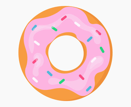 Cute cartoon donut. Doughnut with pink icing and sprinkles.Isolated flat product. Donut or bagel icon. Bakery symbol, delicious appetizing pastries. Logo concept. Vector design on a white background.
