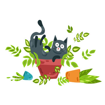 A Black Cat Sits In A Potted Flower. The Prankster Cat Turned Over All The Flowers. Vector Illustration