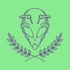 simple line art logo of wreath leaves with alien head