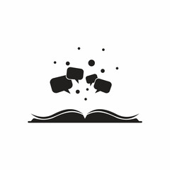 Open book with speech bubble flying out. Isolated on white background. Flat reading icon illustration. quotation, citation logo. Tint, hint, quote concept